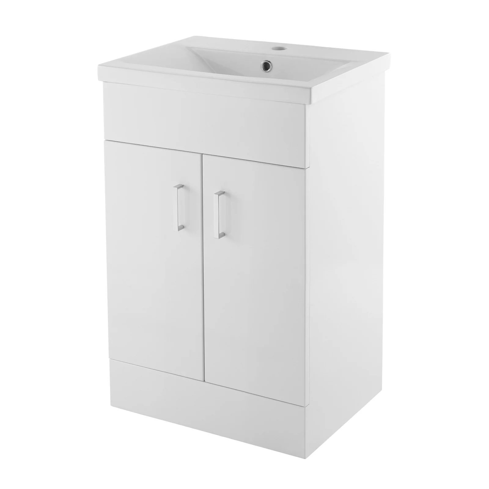 Gloss white floor-standing vanity unit with square basin and soft-close doors.