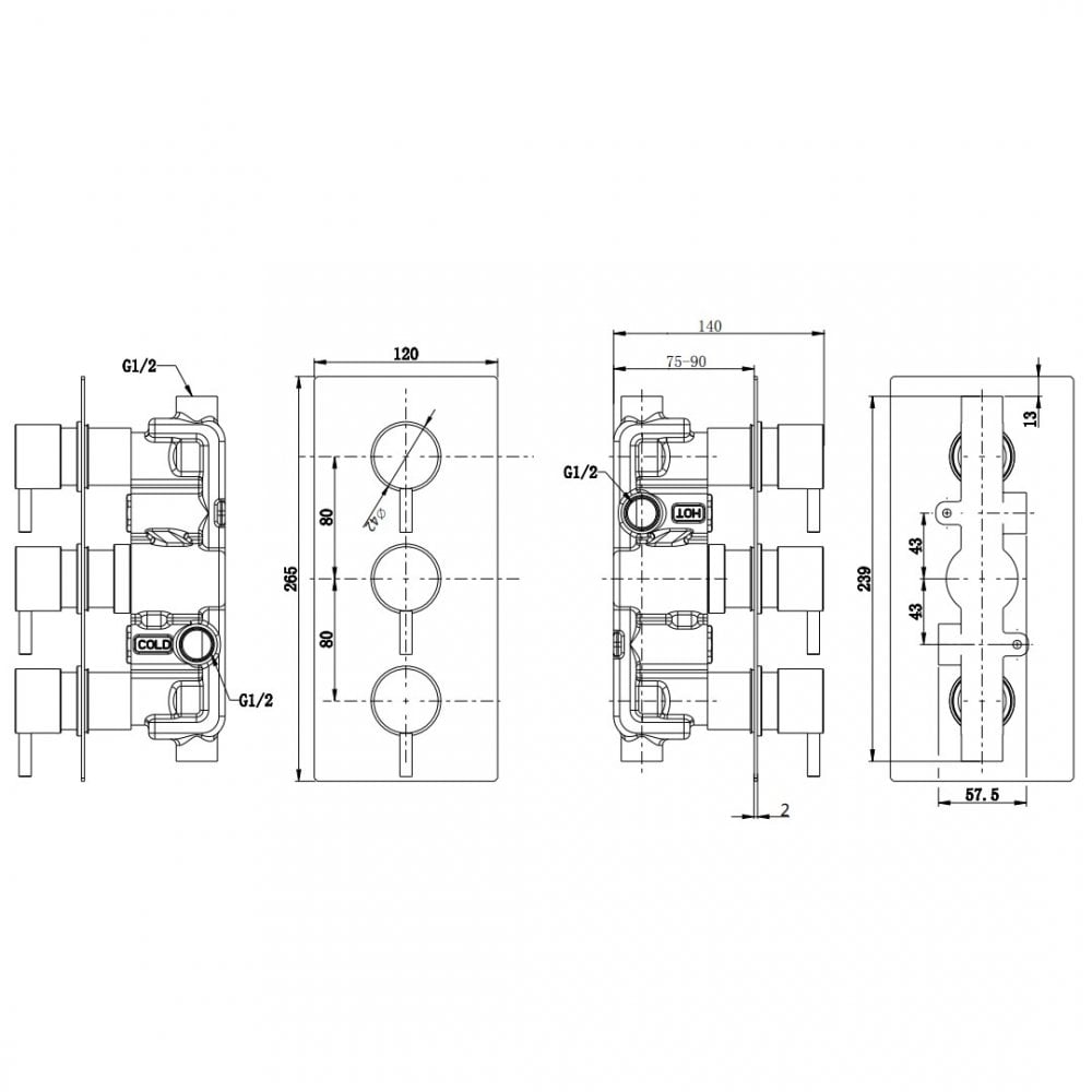 Kartell Plan Triple Concealed Thermostatic Shower Valve Round Handle (2 outlets) Chrome - Image 2