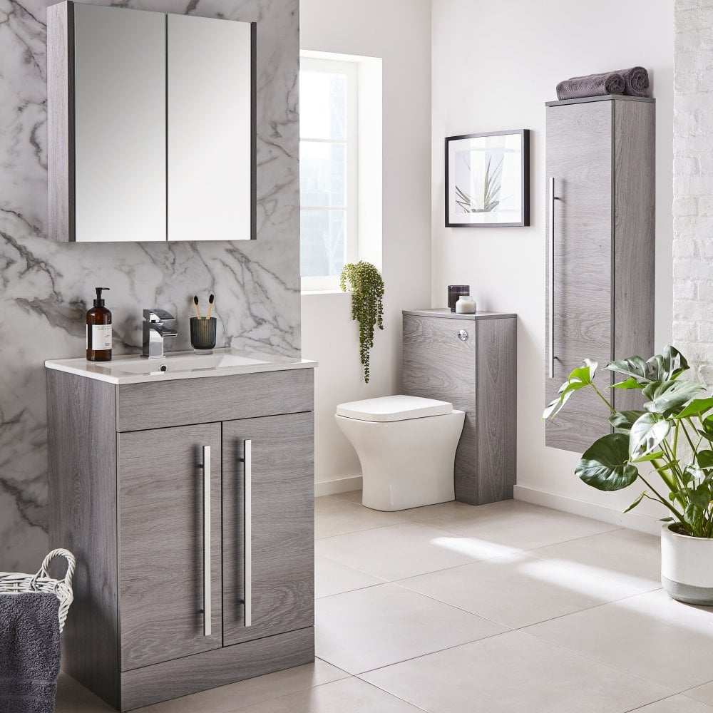 Kartell Purity 600mm Silver Oak 2 Door Floor Standing Vanity Unit & Ceramic Basin - Image 2
