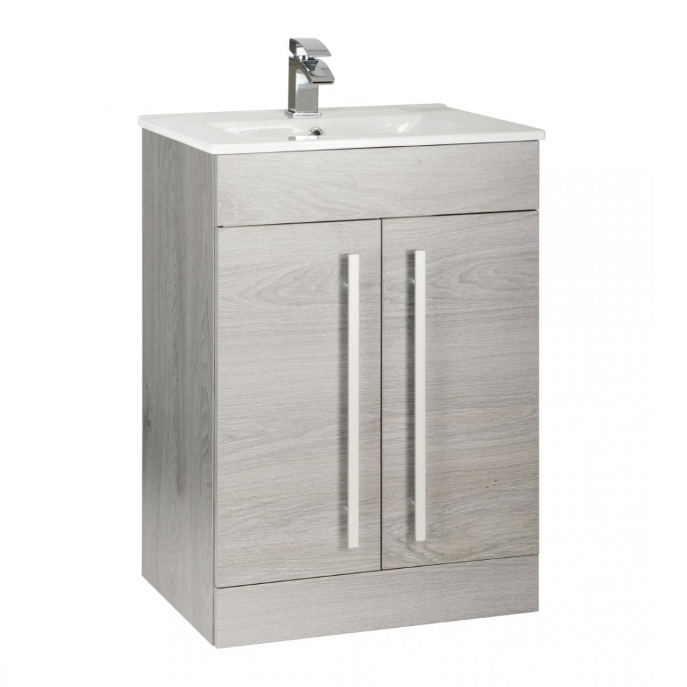 Kartell Purity 600mm Silver Oak 2 Door Floor Standing Vanity Unit & Ceramic Basin