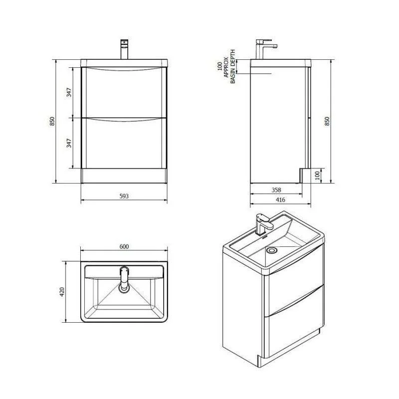 Jupiter Bali Chestnut 600mm 2 Drawer Floorstanding Vanity Unit With Polymarble Basin - Image 5