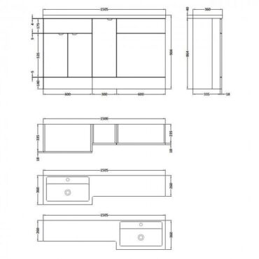 1500MM Hacienda Black Left/Right Hand L Shape Vanity and WC Unit.
