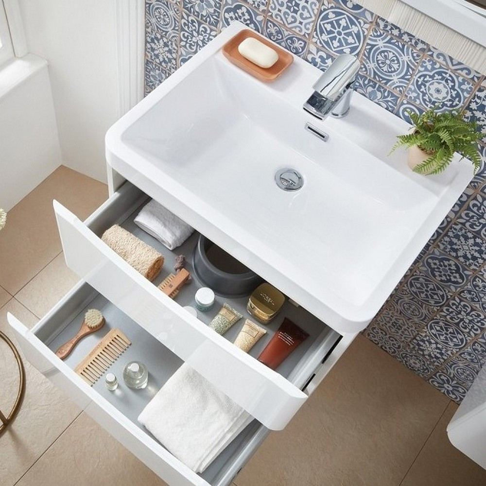 Scudo Bella 600mm Wall Mounted Vanity Unit with Basin - Gloss White Handleless Drawers - Image 2