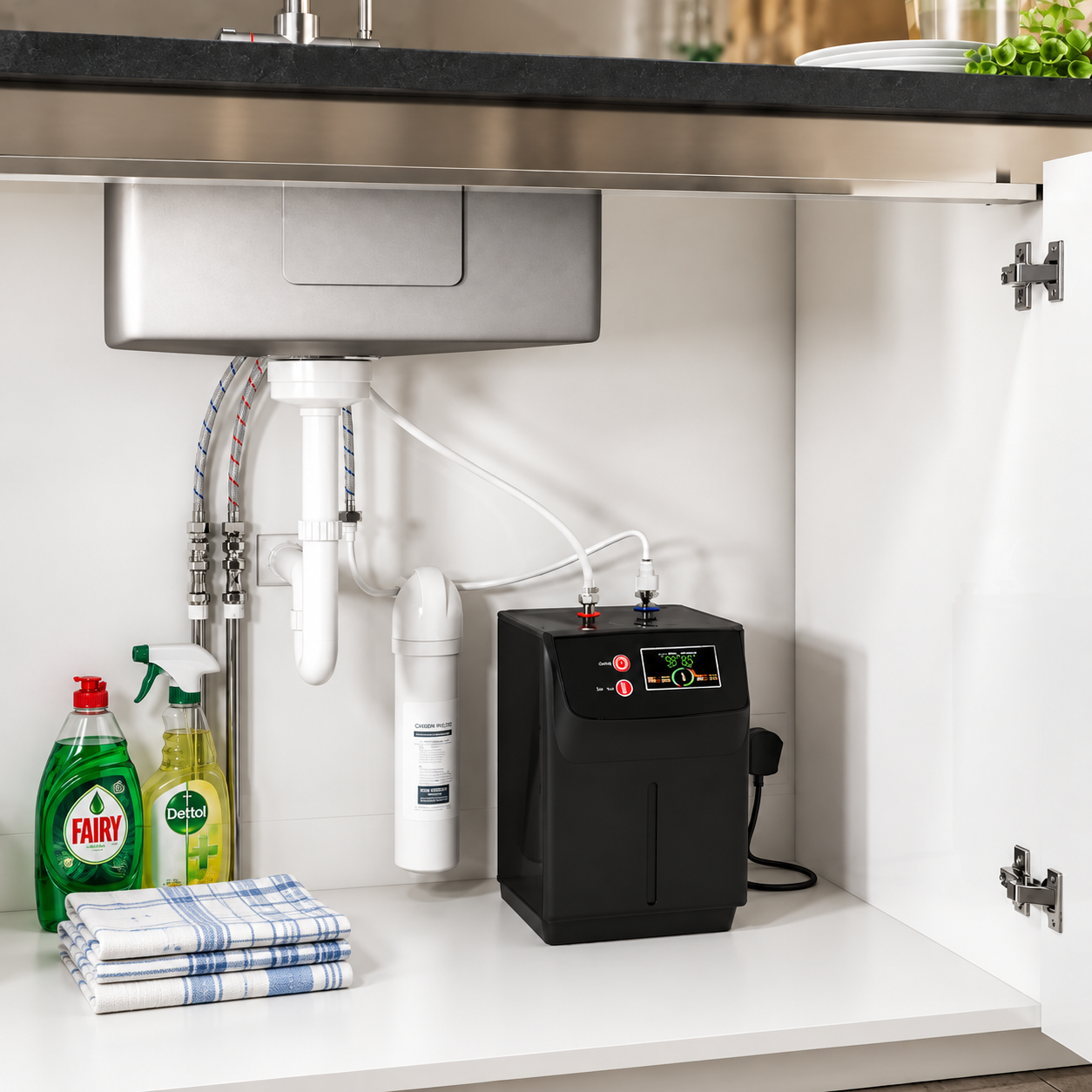 Tempo Gun Metal Grey 3-in-1 Instant Hot Water Kitchen Tap with Swivel Spout, Boiler & Filter System - Image 4