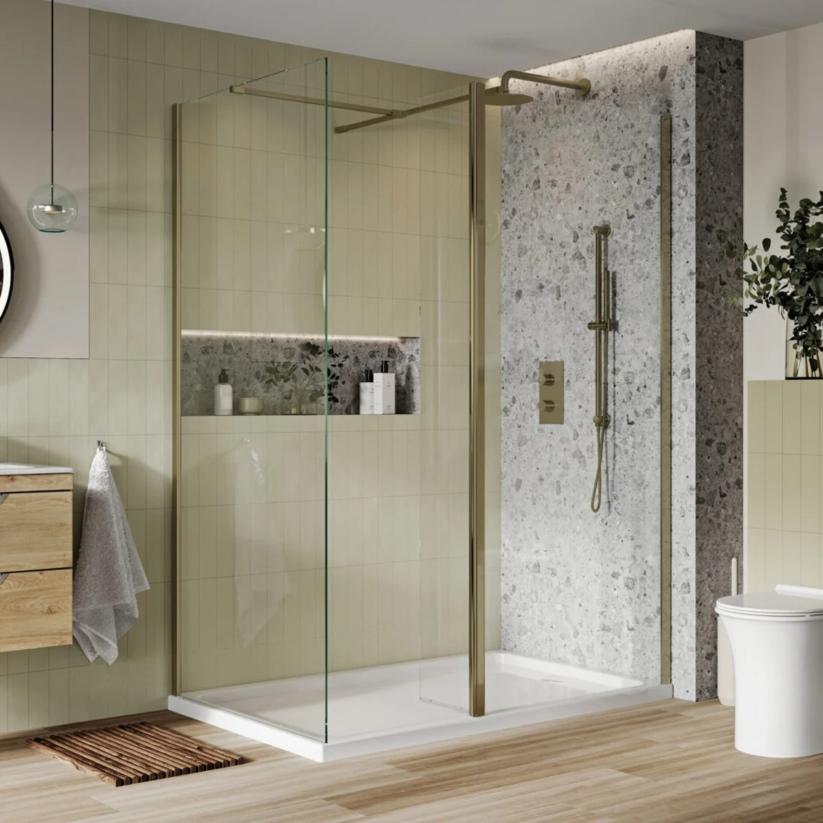 i8 8mm Brushed Brass Wetroom Panel – 2000mm High, 700mm-1200mm Width, Optional Hinged Return