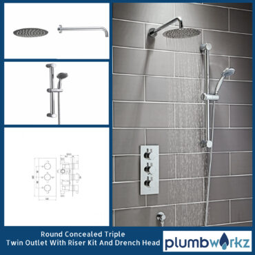 Chrome Round Triple Concealed Thermostatic Shower Twin Outlet Full Kit