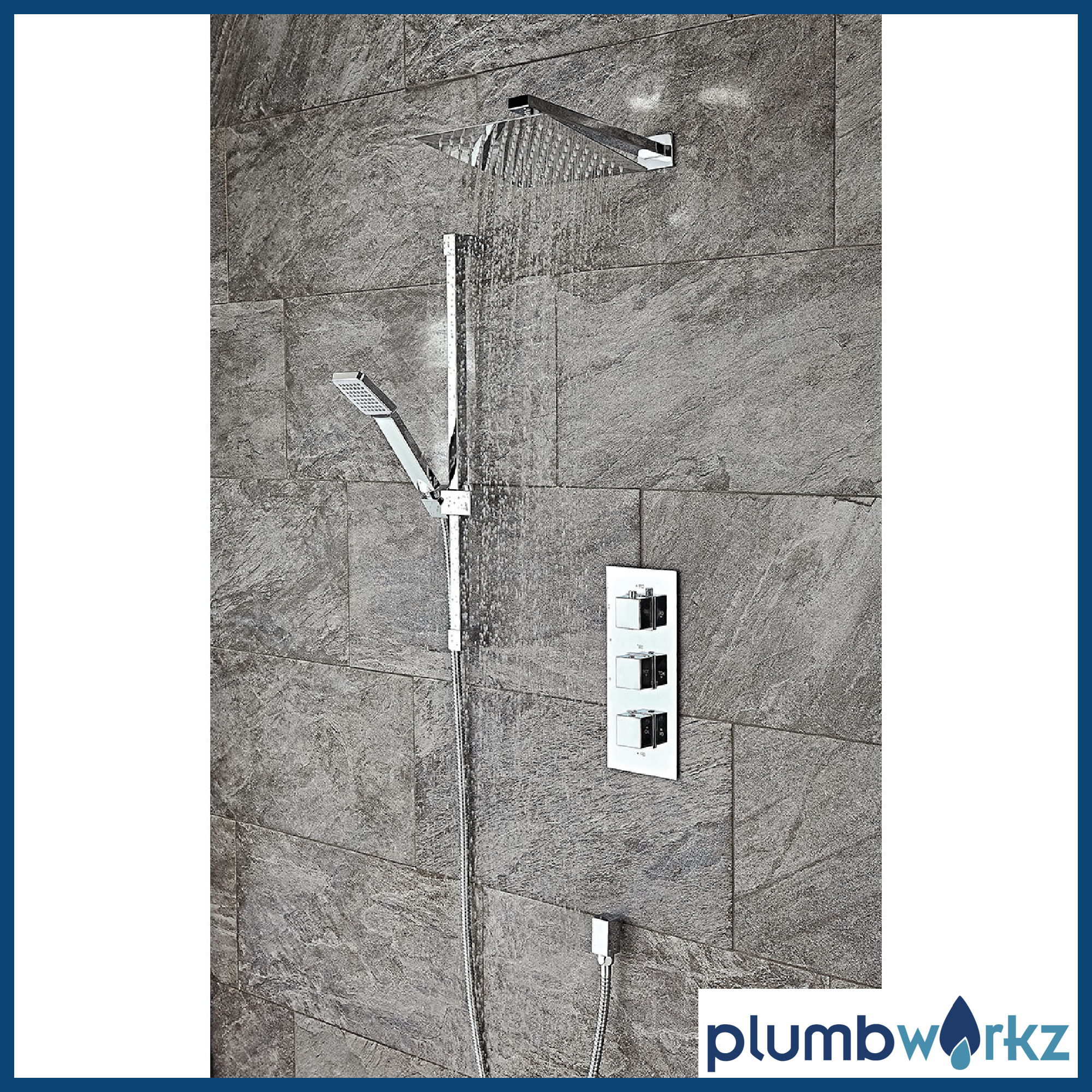 Chrome Square Triple Concealed Thermostatic Twin Outlet Full Kit - Image 2