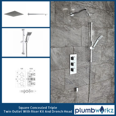 Chrome Square Triple Concealed Thermostatic Twin Outlet Full Kit