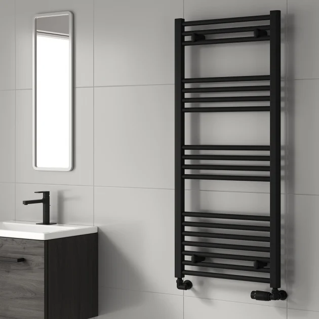 Reina Capo Black Flat Ladder Towel Rail – 500mm Wide in Heights 800mm to 1800mm