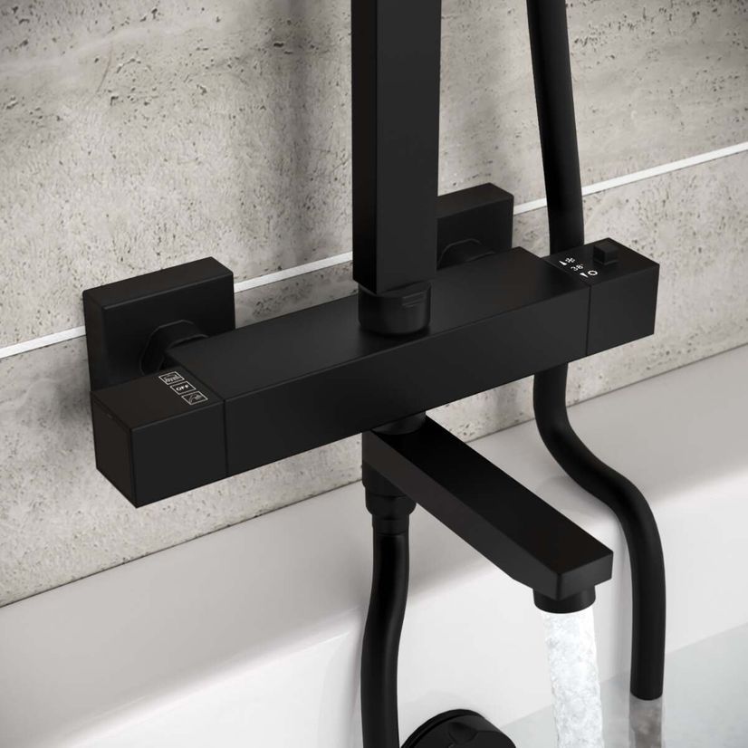 Giavani Bliss Square Matt Black Thermostatic Bath Filler Shower Set - Image 2