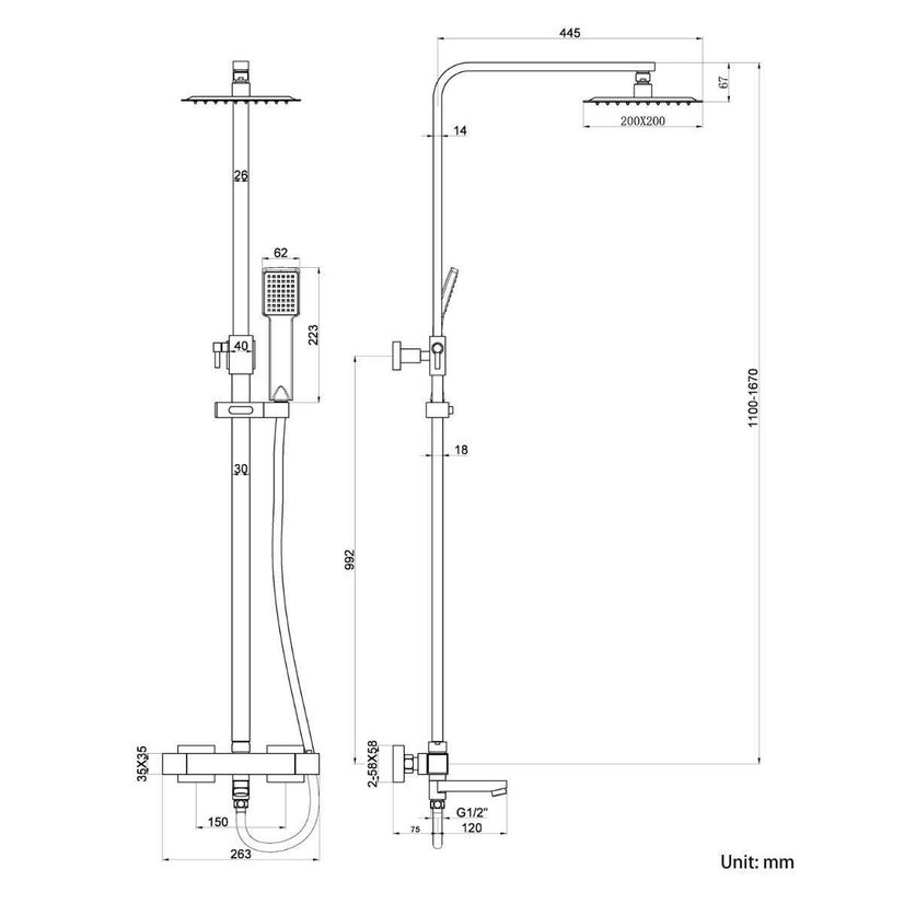 Giavani Bliss Square Matt Black Thermostatic Bath Filler Shower Set - Image 3