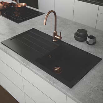 Tempo Comite Composite Kitchen Sink – Black, 1000mm, Reversible Drainer, Scratch-Resistant with Square Edges