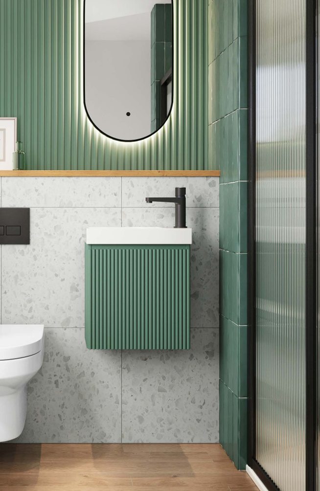 Linea Cloakroom 1-Drawer Wall Hung Vanity Unit with Basin 400mm Wide - Reed Green - Image 2