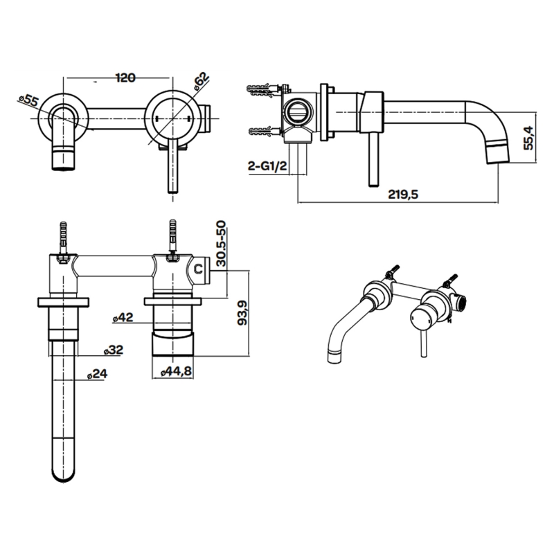 Kartell Ottone Wall Mounted Basin Mixer Tap Brushed Brass - Image 3