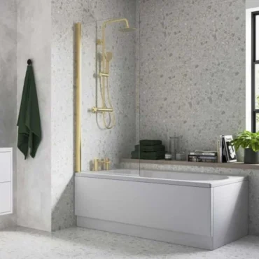 AquaVolere Square Brushed Brass Reversible 6mm Safety Glass Pivot Bath Screen 1400mm