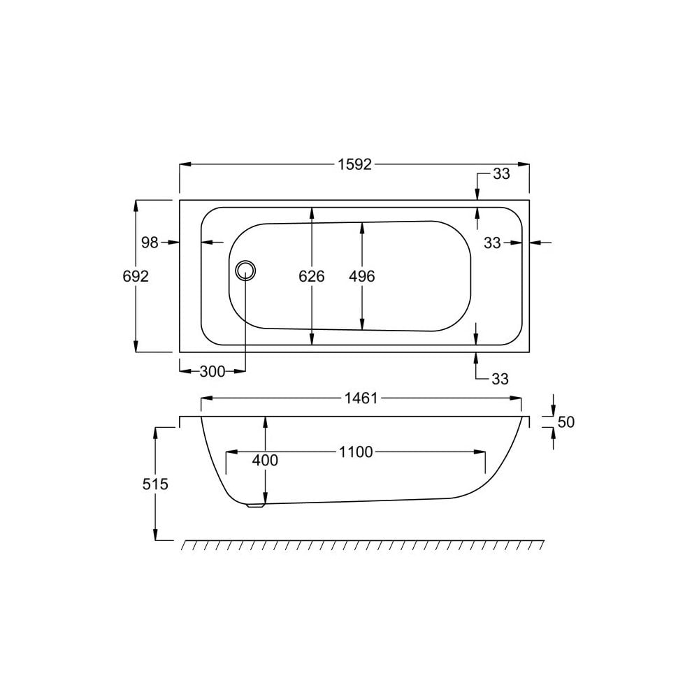 Kartell Refine 1600 x 700mm Single Ended Acrylic Bath with Thin Edge Design and Complete Leg Set - Image 4