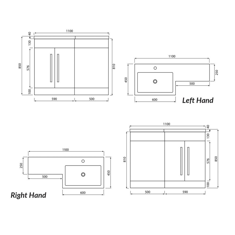 Scudo Lili 1100mm Right-Left Handed Two Door Bathroom Furniture Pack in Matt Grey - Image 2