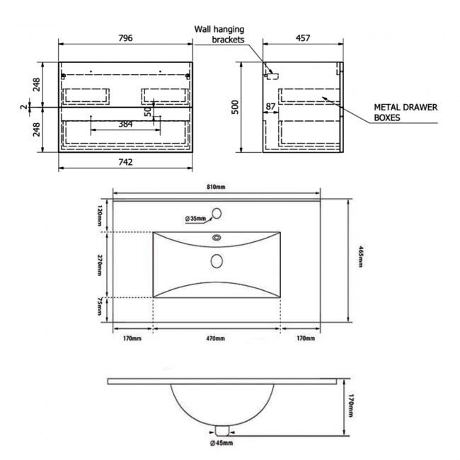 Purity 2-Drawer Wall Hung Vanity Unit with Ceramic Basin 800mm Wide - Silver Oak - Image 3