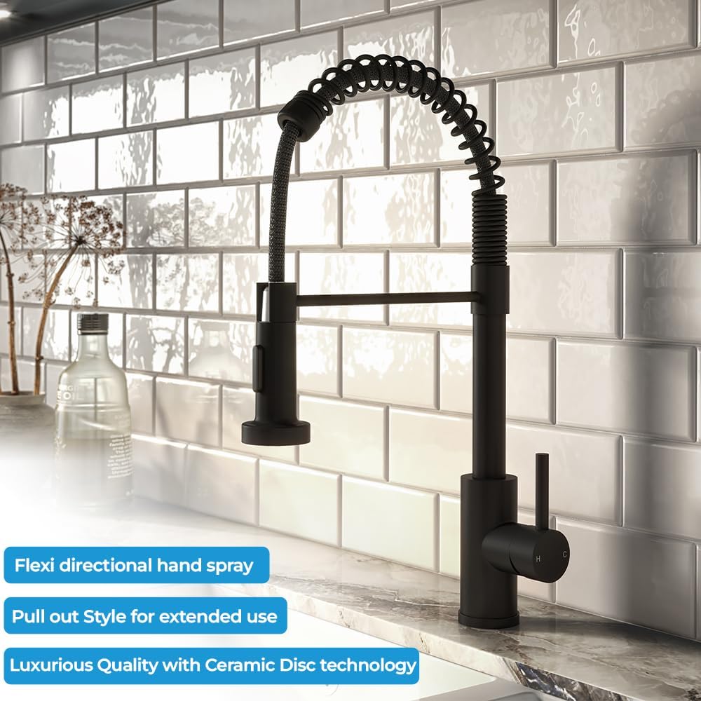 Tempo Contra Matt Black Kitchen Mixer Tap – Single Lever with Spring Pull-Out Hose Spray Head - Image 5