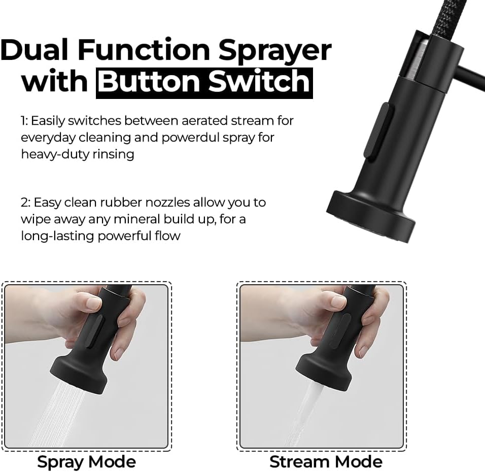 Tempo Contra Matt Black Kitchen Mixer Tap – Single Lever with Spring Pull-Out Hose Spray Head - Image 2