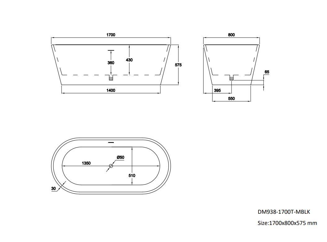 Bainlo Shadow 1700mm x 800mm Black Freestanding Bath - Image 4
