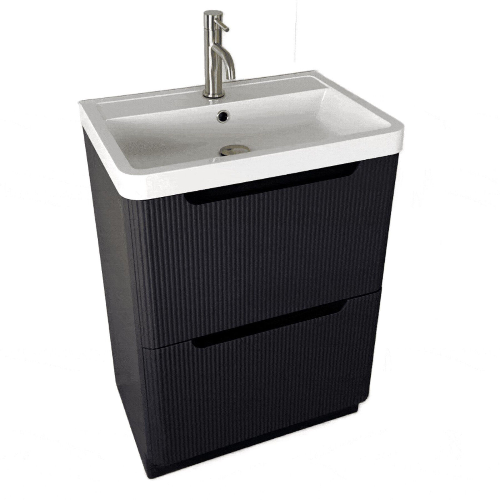 600mm Black Ribbed Textured Freestanding Vanity Unit with Basin & 2 Soft-Close Drawers - Image 3