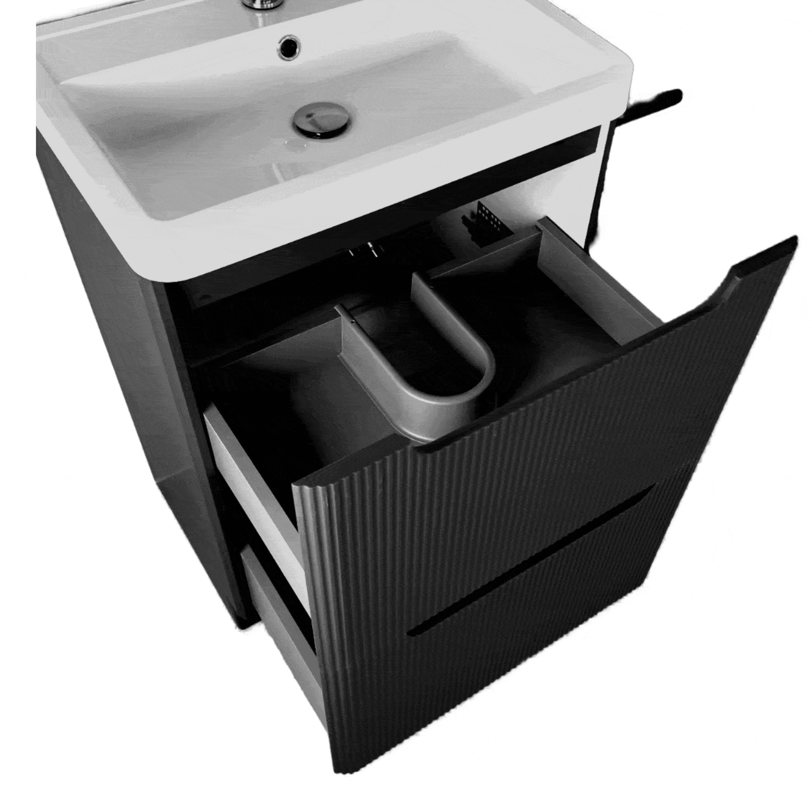 600mm Black Ribbed Textured Freestanding Vanity Unit with Basin & 2 Soft-Close Drawers - Image 2