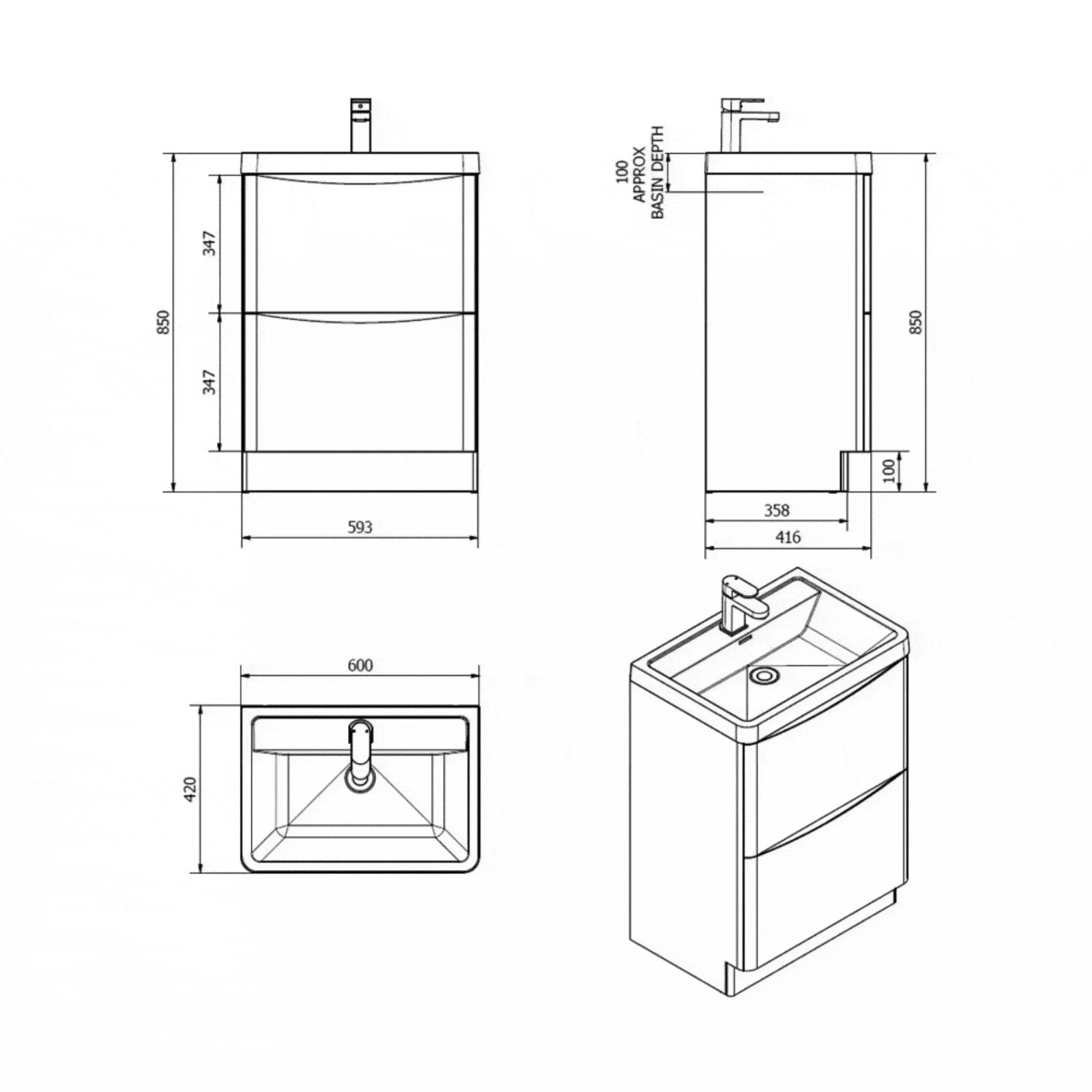 600mm Black Ribbed Textured Freestanding Vanity Unit with Basin & 2 Soft-Close Drawers - Image 6