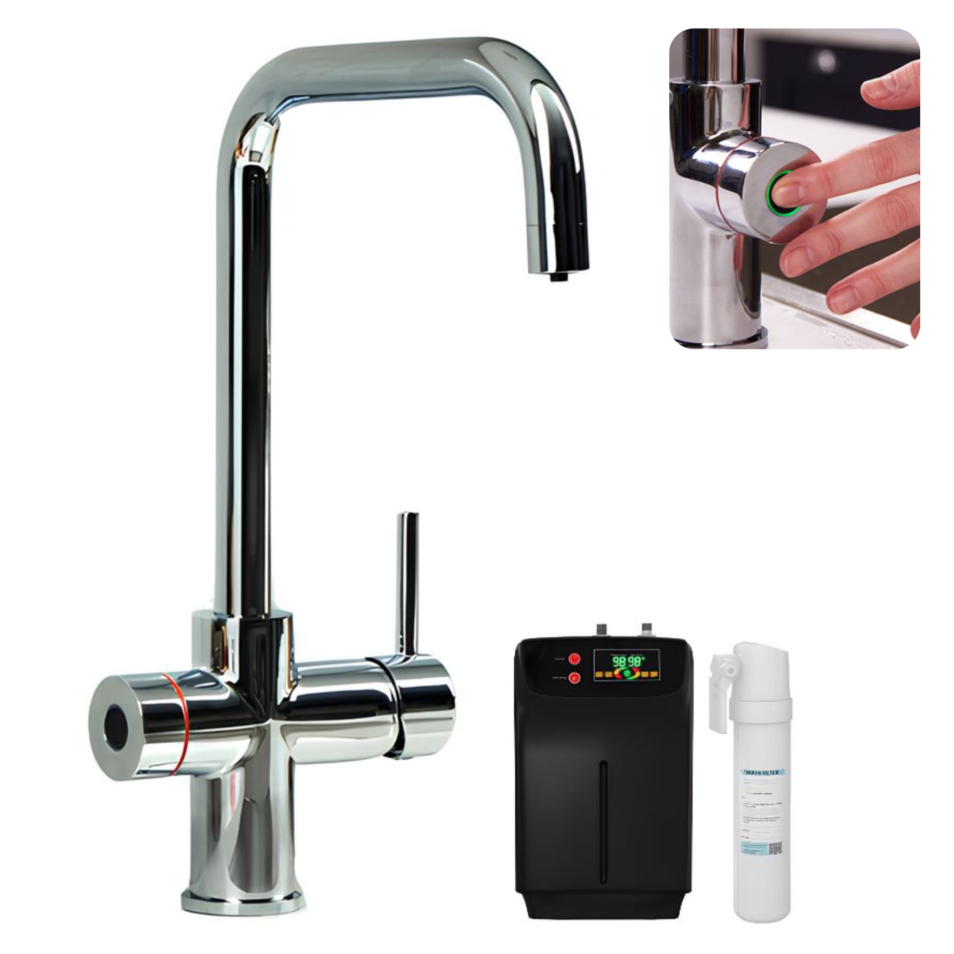 Tempo 3-in-1 Biometric Tap in Chrome with fingerprint security and instant 98°C boiling water dispensing