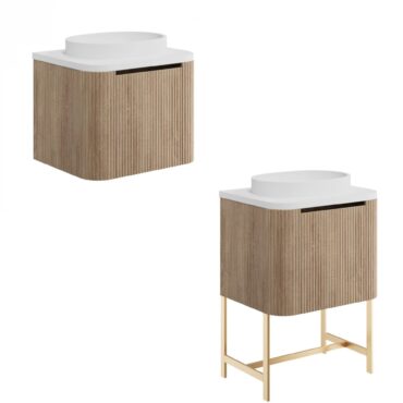 Scudo Linea Curve 600mm Wall-Hung Fluted Vanity Unit in Sonoma Oak with Countertop Basin