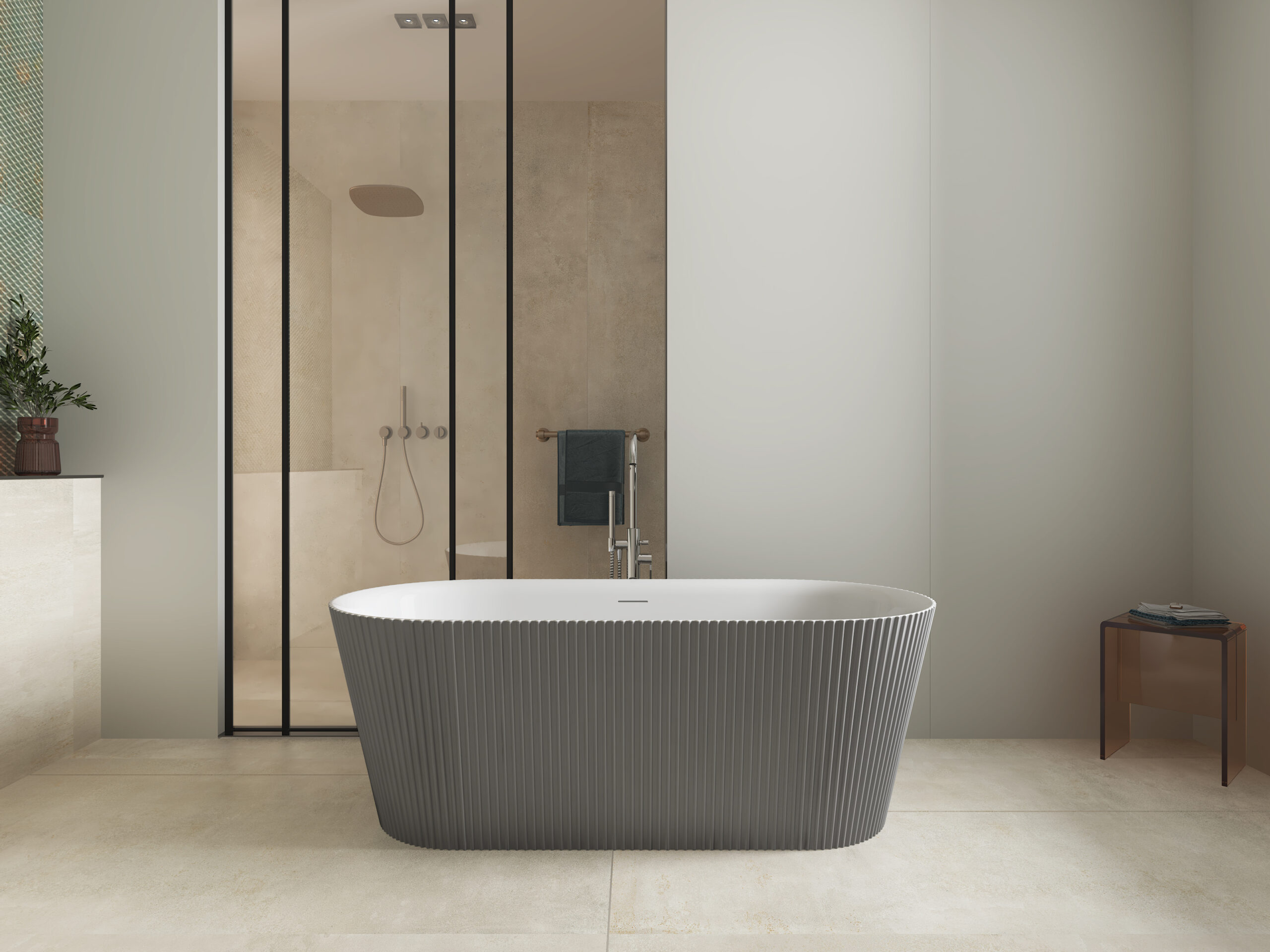 Bainlo Slate 1595mm Fluted Freestanding Bath – A sophisticated matt grey centrepiece with a stunning fluted design and deep soaking comfort.