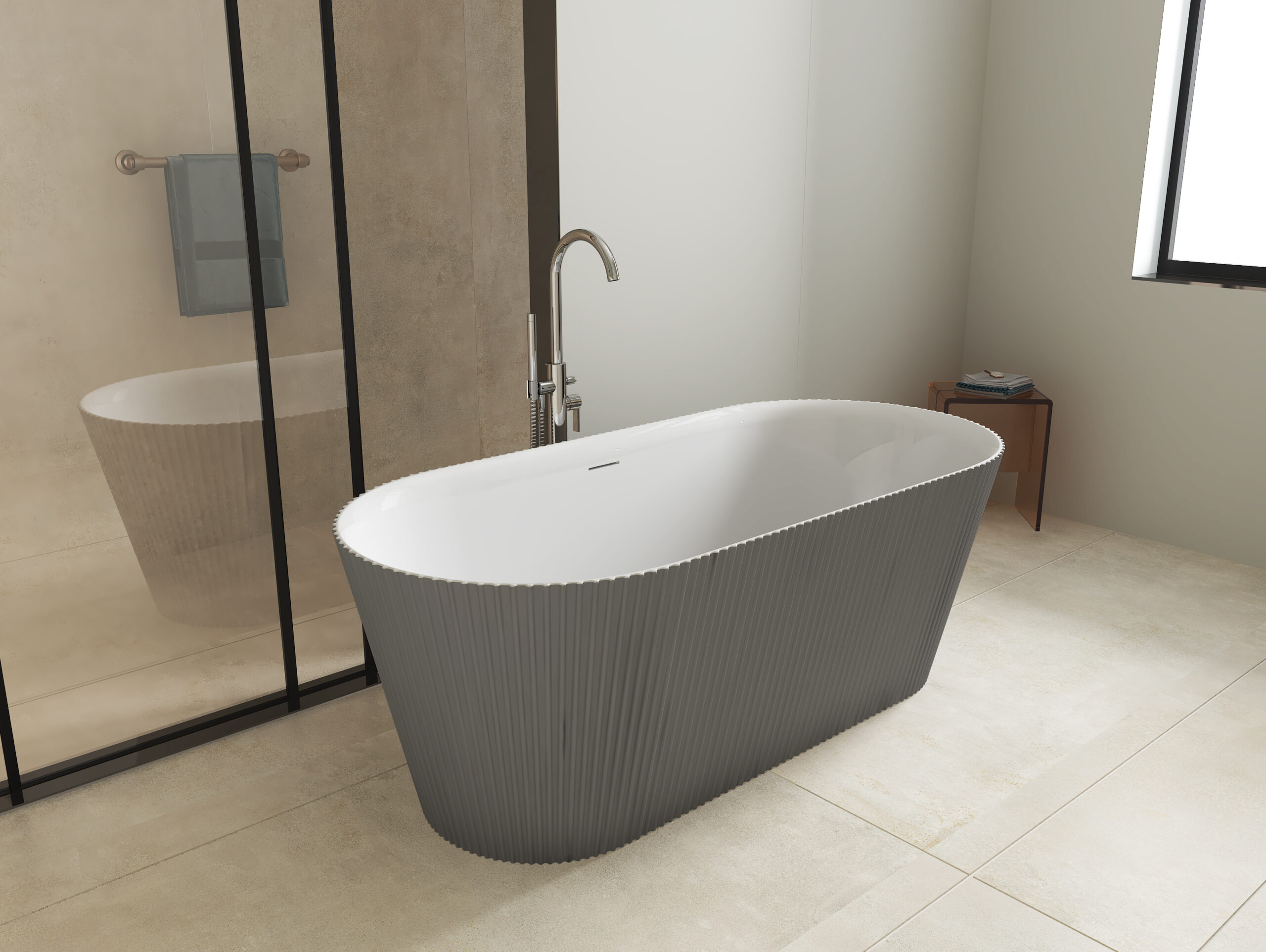 Bainlo Slate 1595mm Fluted Freestanding Bath – Matt Grey - Image 2