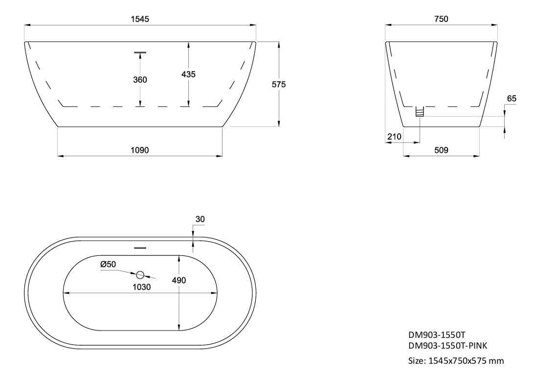 Bainlo Albus 1545 x 750mm Double-Ended Freestanding Bath – White - Image 3