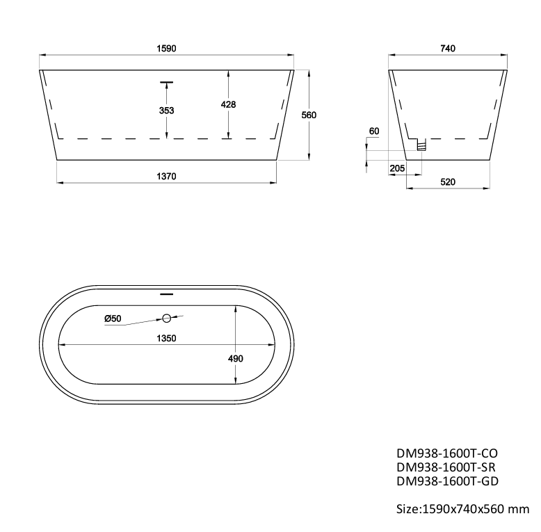 Bainlo Aureum 1590mm Gold Freestanding Bath – Double Ended - Image 3