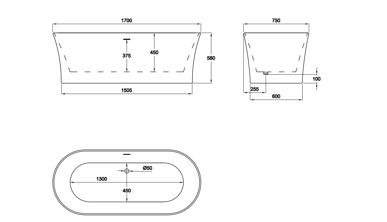 Bainlo Obsidian 1700mm 750mm Double Ended Freestanding Bath - Image 6
