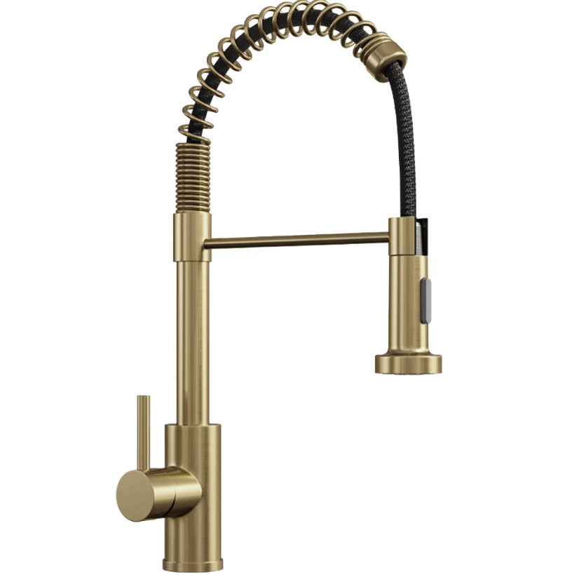 Tempo Contra Brushed Brass Kitchen Sink Mixer Tap – Single Lever with Spring Pull-Out Hose Spray Head - Image 3