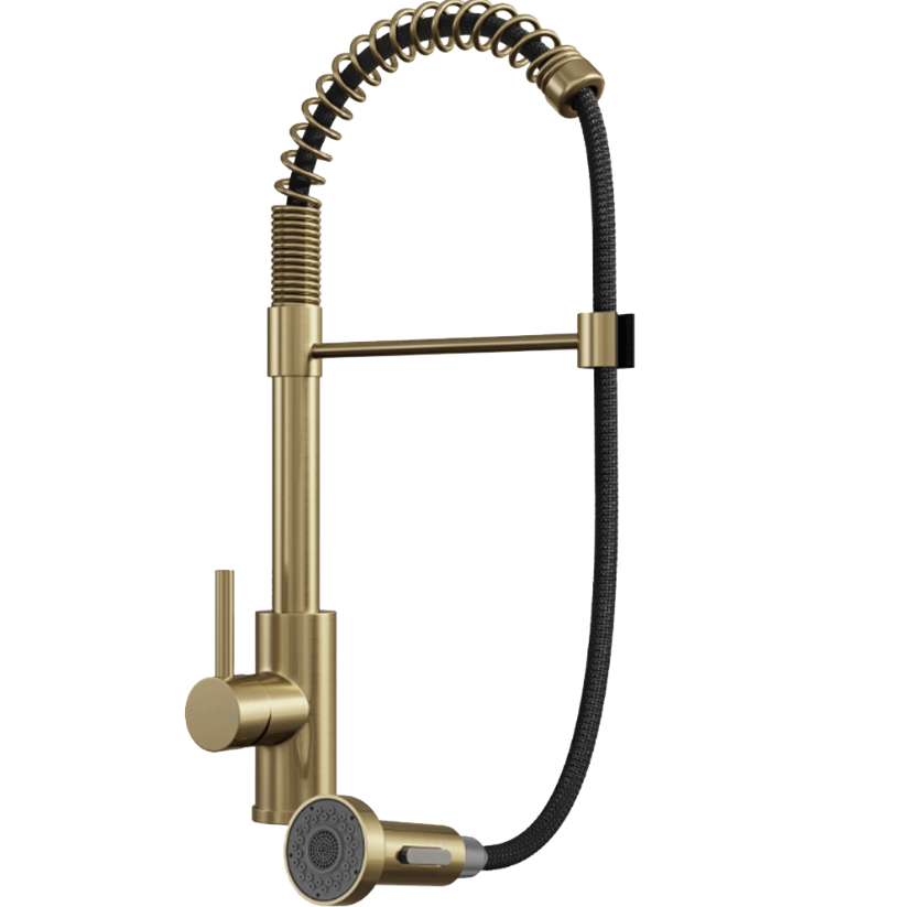 Tempo Contra Brushed Brass Kitchen Sink Mixer Tap – Single Lever with Spring Pull-Out Hose Spray Head - Image 2