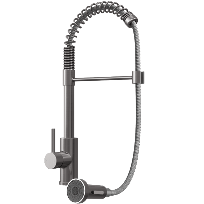 Tempo Contra Brushed Steel Kitchen Sink Mixer Tap – Single Lever with Spring Pull-Out Hose Spray Head - Image 2