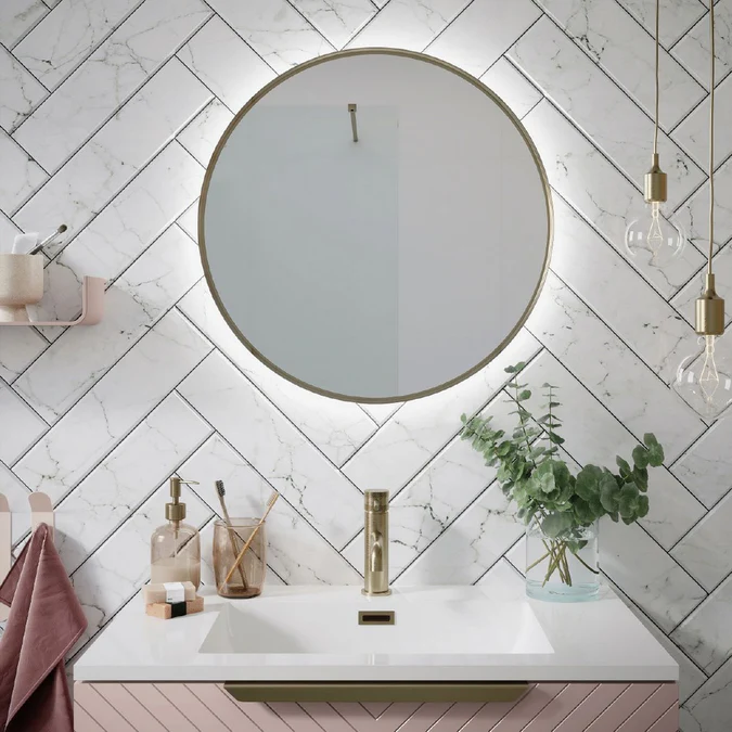 Scudo Macie 600mm Round Brushed Brass LED Bathroom Mirror with Demister & Touch Sensor