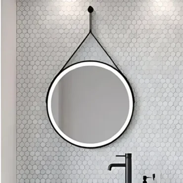 Scudo Belini Round LED Hanging Mirror – 600mm Matt Black with Touch Sensor & Demister