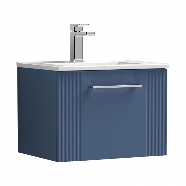 Nuie Deco 500mm Wall Hung Vanity Unit in Satin Blue - Front View" "Soft-close drawer of Nuie Deco Vanity Unit in Satin Blue" "Part-fluted wall-hung vanity unit in Satin Blue with modern design
