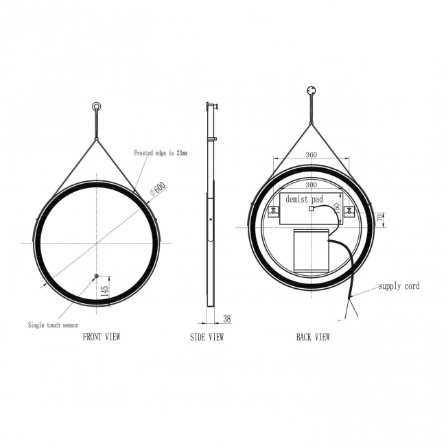 Scudo Belini Round LED Hanging Mirror – 600mm Matt Black with Touch Sensor & Demister - Image 5