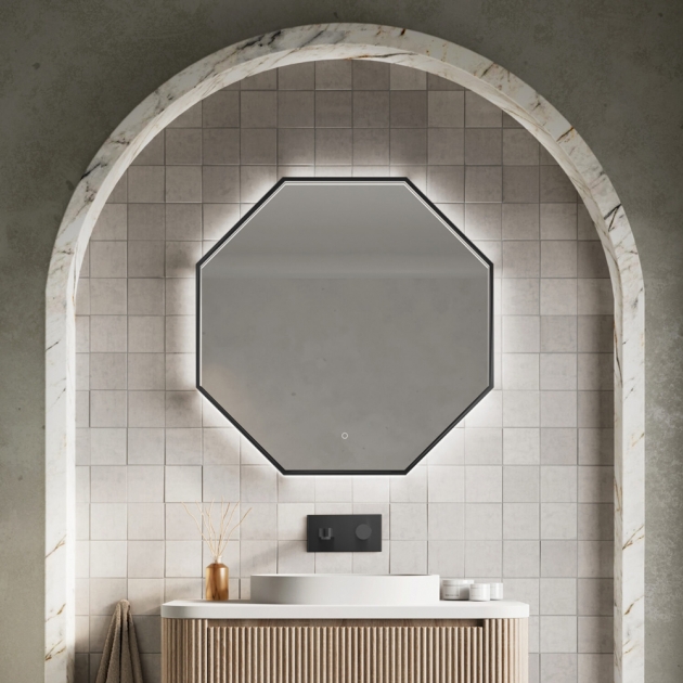 Passa LED Illuminated Hexagonal Mirror – Matte Black Frame