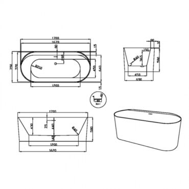 Scudo Tutto Freestanding Bath 1700 x 750mm – double-ended, gloss white bath with built-in ledge, side waste, and modern oval design.