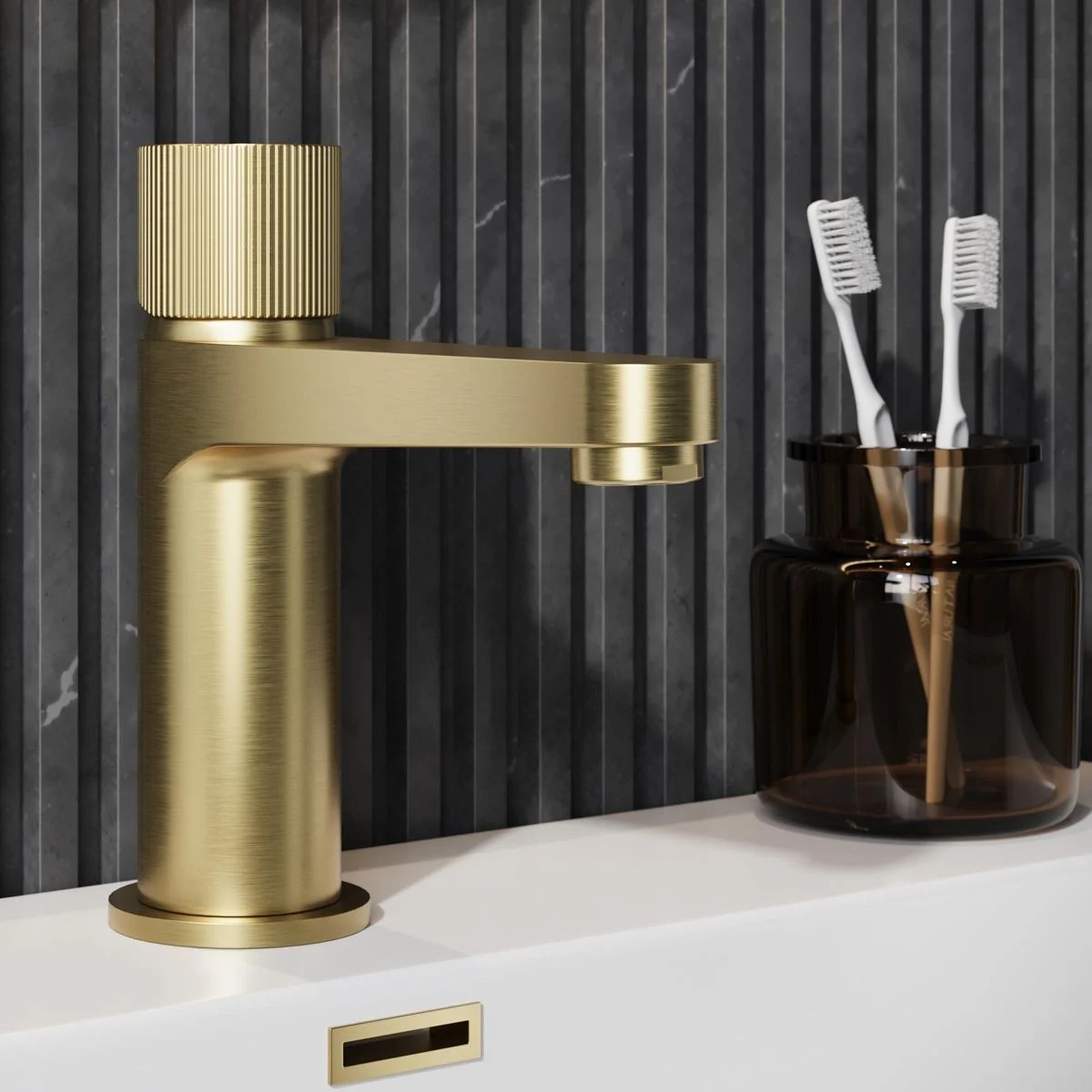 Scudo Koko Brushed Brass Mini Basin Mixer Tap Fluted Handle