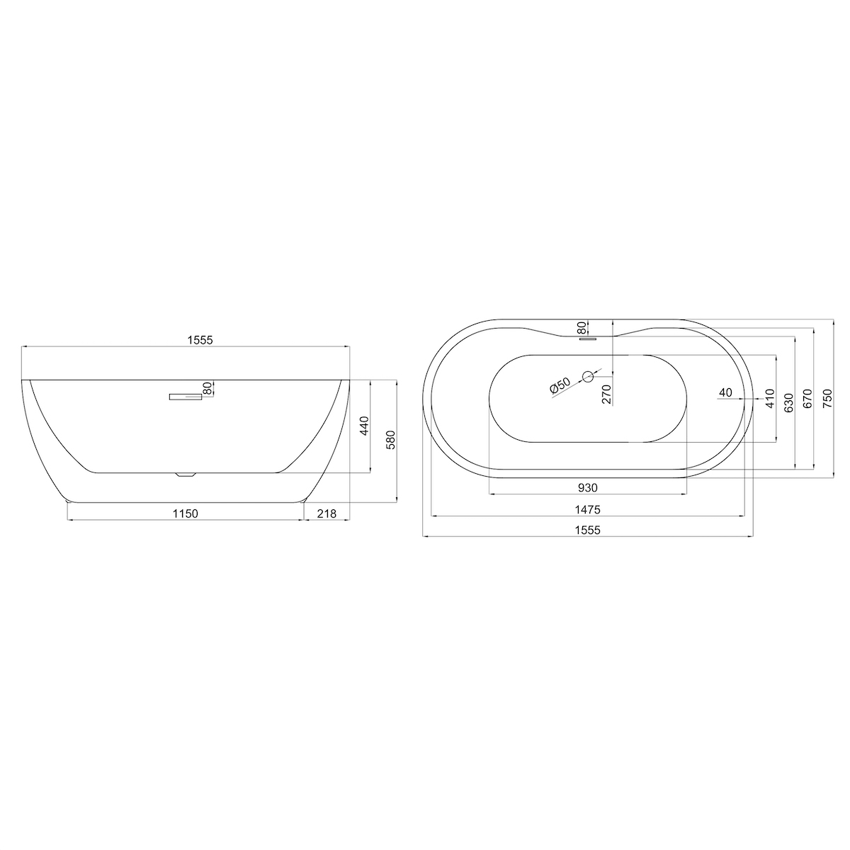 Scudo Onyx 1555mm x 750mm White Double-Ended Freestanding Bath - Image 2