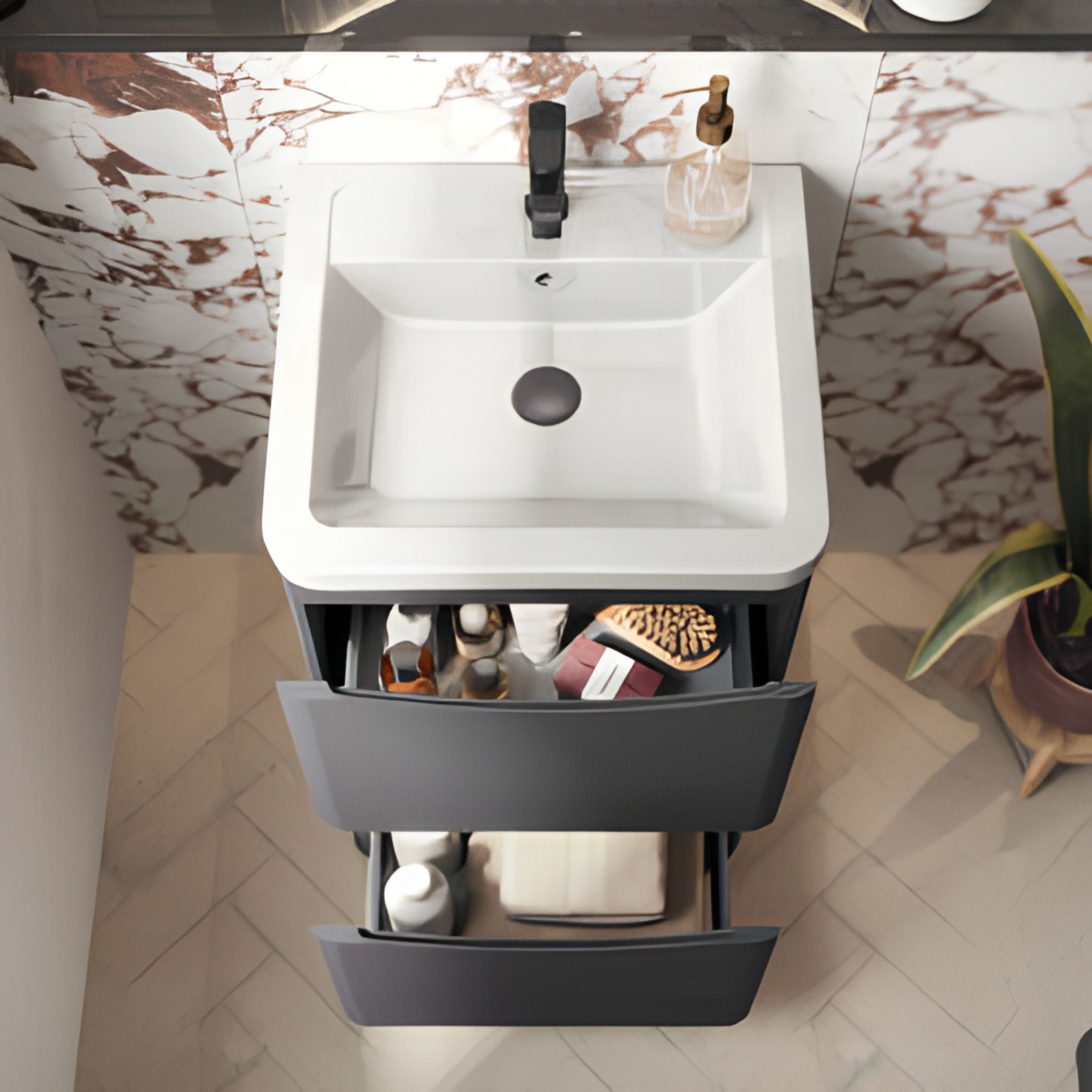 Jupiter Bali 600mm Matt Grey 2-Drawer Floorstanding Vanity Unit with Basin - Image 2