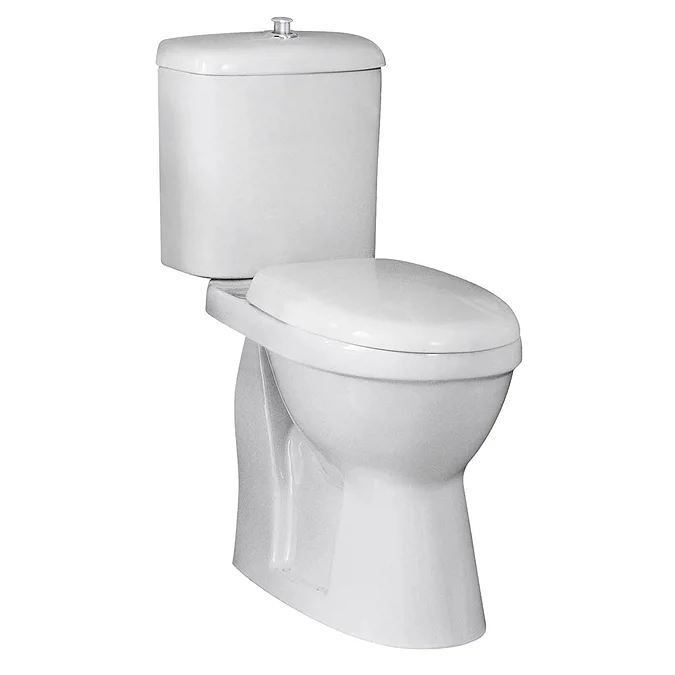 Nuie High Rise Close Coupled Toilet in white with chrome push button