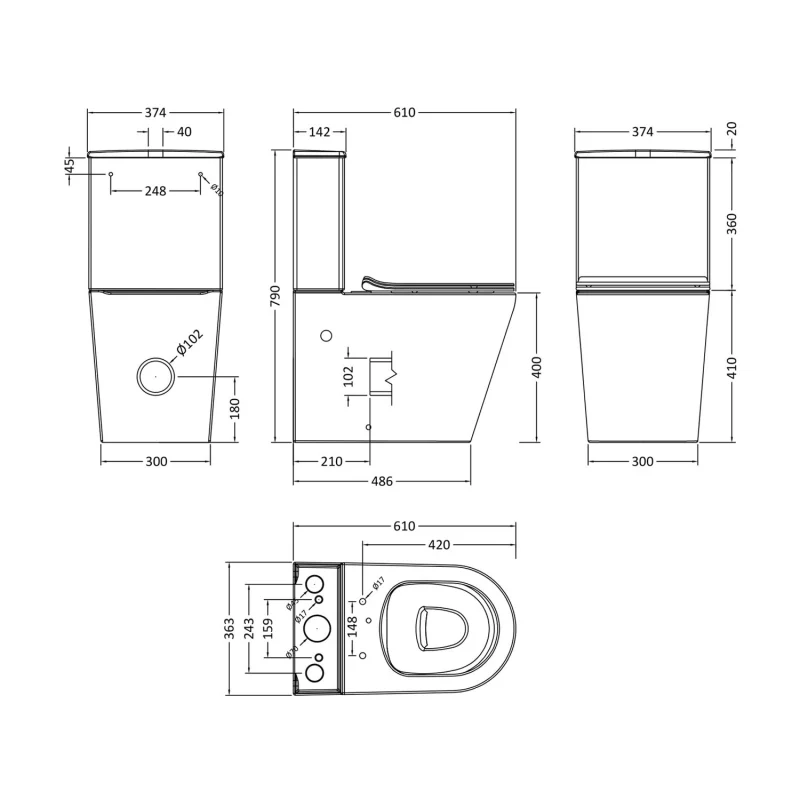Nuie Freya Rimless Back to Wall Close Coupled Toilet - Closed Back - Image 3