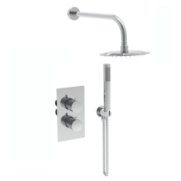 Round chrome concealed thermostatic shower valve with overhead head and handset